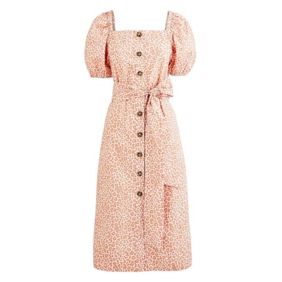 J. Crew Dresses & Skirts - J. Crew Cottage Dress Pink Leopard Cotton Short Puff Sleeves Button Down Size S
